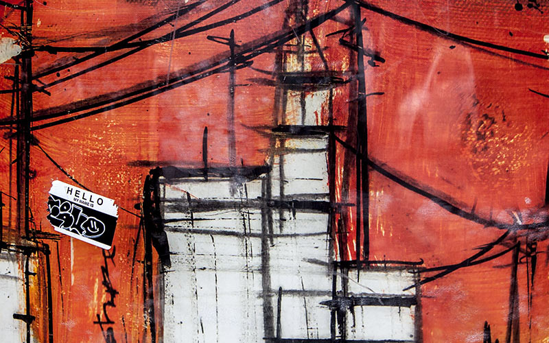 Hello sticker on abstract drawing